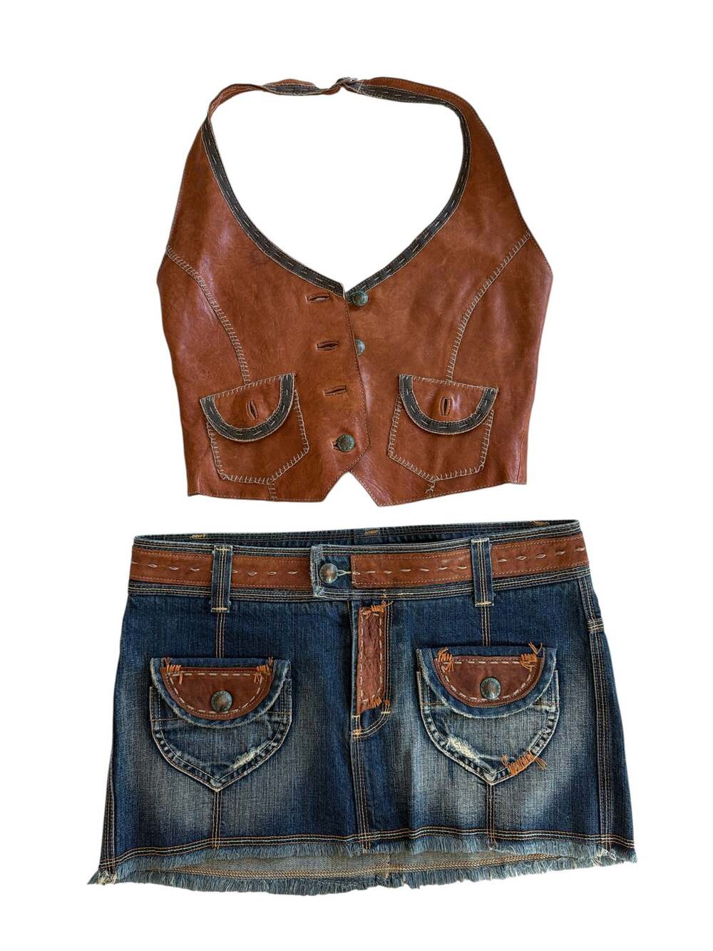 Vintage Leather Halter Top & Denim Mini Skirt Set — Western Boho, Made in USA
